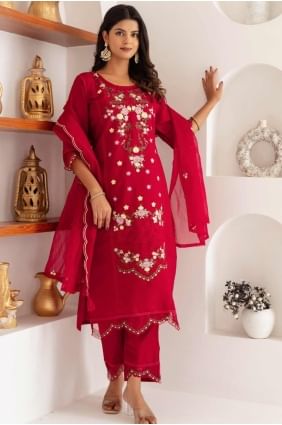 Red Straight Pant Suit in Silk with Embroidered SK155476
