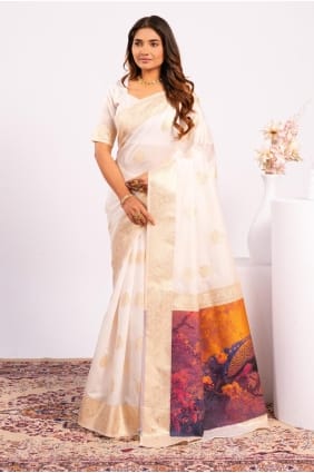 Banarasi silk Saree in Off white with Resham,zari SR29454