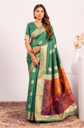 Resham,zari Banarasi silk Saree in Parrot green SR29451
