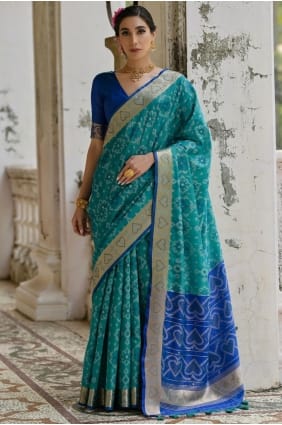 Raw silk Saree with Resham Work in Firozi SR29245