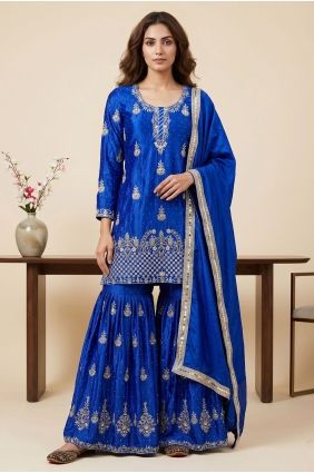 Embroidered Silk Salwar Kameez in Royal blue with Dupatta SS1383