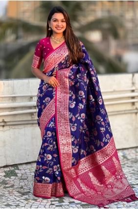 Royal blue  Saree in Banarasi silk with Weaving SR28354