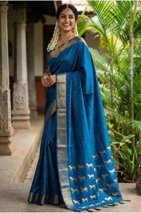 Royal Blue Silk Saree with Zari Print SR29875