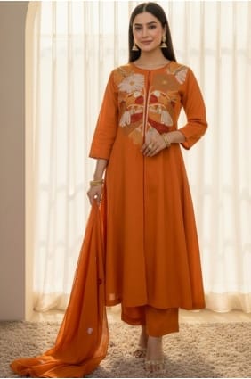 Embroidered Silk Eid Anarkali Suit in Rust with Dupatta AS4180