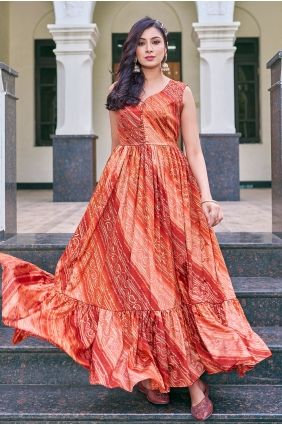 Chiffon Printed Rust Gown Dress with Dupatta GW1318