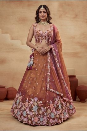Embroidered Tissue Lehenga Choli in Rust LC9184