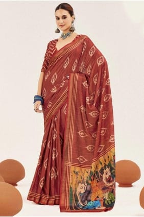 Digital print Silk Saree in Rust with Blouse SR29457