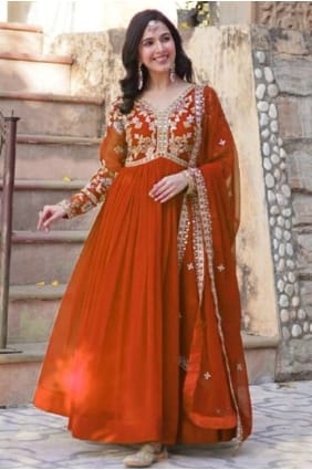 Sequins Faux georgette Gown Dress in Rust with Dupatta GW1209