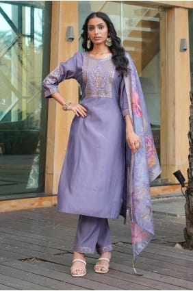 Silk Embroidered Grey Salwar Kameez with Dupatta SK155969