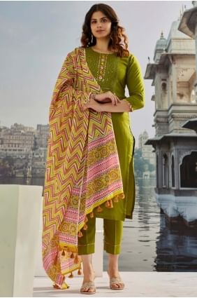 Embroidered Muslin Mehendi green Salwar Kameez SK155773