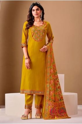 Silk Mustard Salwar Kameez in Embroidered SK155797