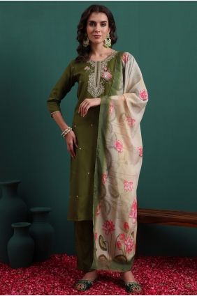 Embroidered Viscose Olive Salwar Kameez with Dupatta SK15738