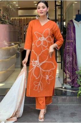 Salwar Kameez in Orange Chanderi with Embroidered SK155660