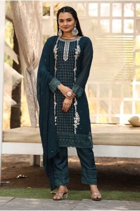 Georgette Salwar Kameez in Teal with Embroidered SK155802
