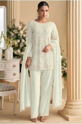 Georgette Sequins White Eid Salwar Kameez with Dupatta SK155986