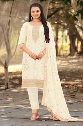 White Eid Salwar Kameez with Embroidered Viscose SK155932