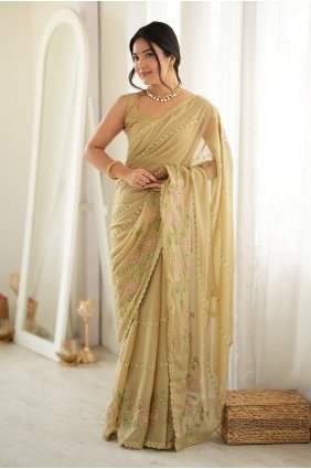 Thread Georgette Saree in Beige with Blouse SR30252