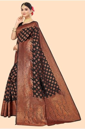 Weaving Banarasi raw silk Saree in Black SR29257