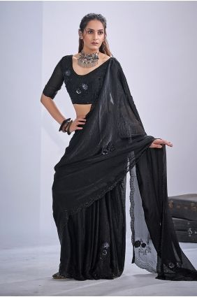 Satin Saree in Black with Sequins SR30013