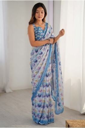 Saree in Blue Chiffon with Digital print SR28498
