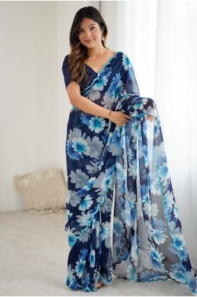 Blue Saree with Mirror,printed Georgette SR30068