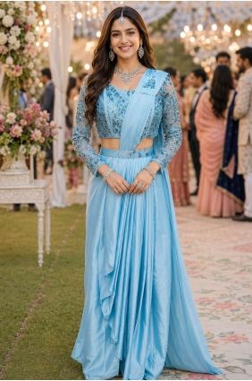 Embroidered Satin Blue Saree with Blouse SR30149