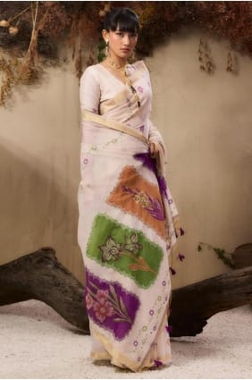Saree in Cream Cotton with Resham,zari SR29609