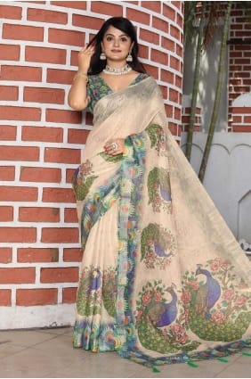 Cotton Saree in Cream with Weaving SR29053