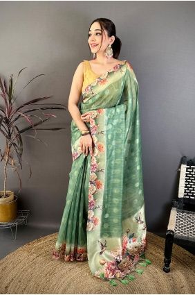 Cotton Saree in Green with Printed SR30061