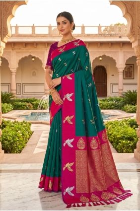 Embroidered Silk Saree in Green SR30206