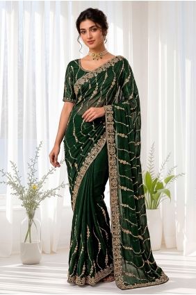 Hand,sequins Silk Saree in Green SR30192