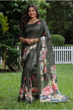 Tussar silk Saree with Printed in Green SR29681