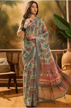 Printed Linen Saree in Grey SR29328