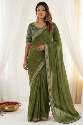 Embroidered Silk Saree in Mahendi SR30139