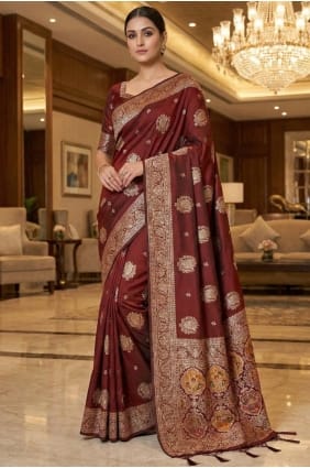 Embroidered Saree in Maroon Banarasi silk SR29672