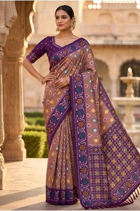 Embroidered Patola silk Saree in Onion SR30120