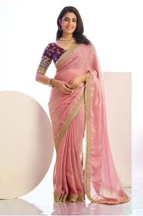 Embroidered Satin Pink Saree with Blouse SR29764