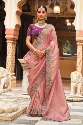 Pink Saree in Embroidered Tissue SR30359