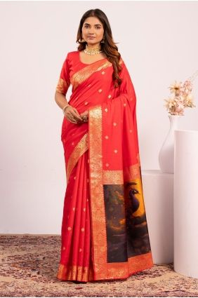 Red Saree with Resham,zari Banarasi silk SR29780
