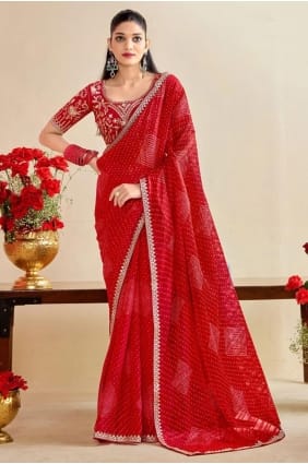 Embroidered Chiffon Red Saree with Blouse SR29356