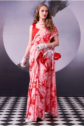 Printed Satin Red Saree with Blouse SR29938