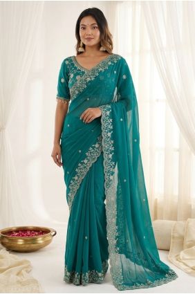 Sea green Embroidered Satin Saree SR30196