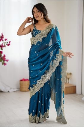 Embroidered Saree in Teal Chiffon SR29436