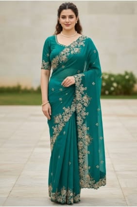 Teal Saree in Chiffon with Embroidered SR29639
