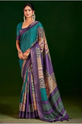 Teal Digital print Saree in Silk SR29528