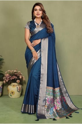 Silk Teal Saree in Zari SR29706