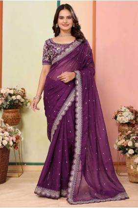 Organza Embroidered Wine Saree with Blouse SR28686