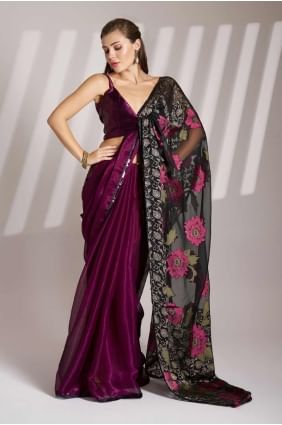 Saree in Wine  Shimmer with Plain SR28149