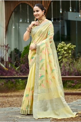 Embroidered Linen Yellow Saree with Blouse SR29400