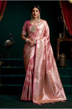 Embroidered Satin and silk Pink Saree with Blouse SR29569